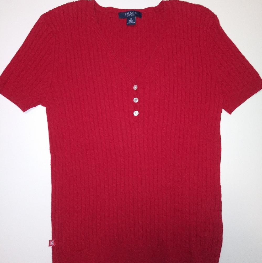 Women's Chaps Small Short Sleeve Red Cable Knit V Neck Sweater 100% Cotton